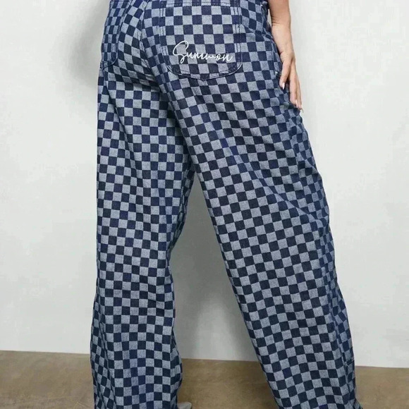 Blue Casual Women's Wide Leg Carpenter Checkboard Jeans - Picture 3 of 4